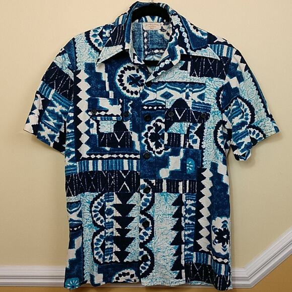 Home Sewn Men's Short Sleeve Blue Patterned Shirt - Picture 1 of 7